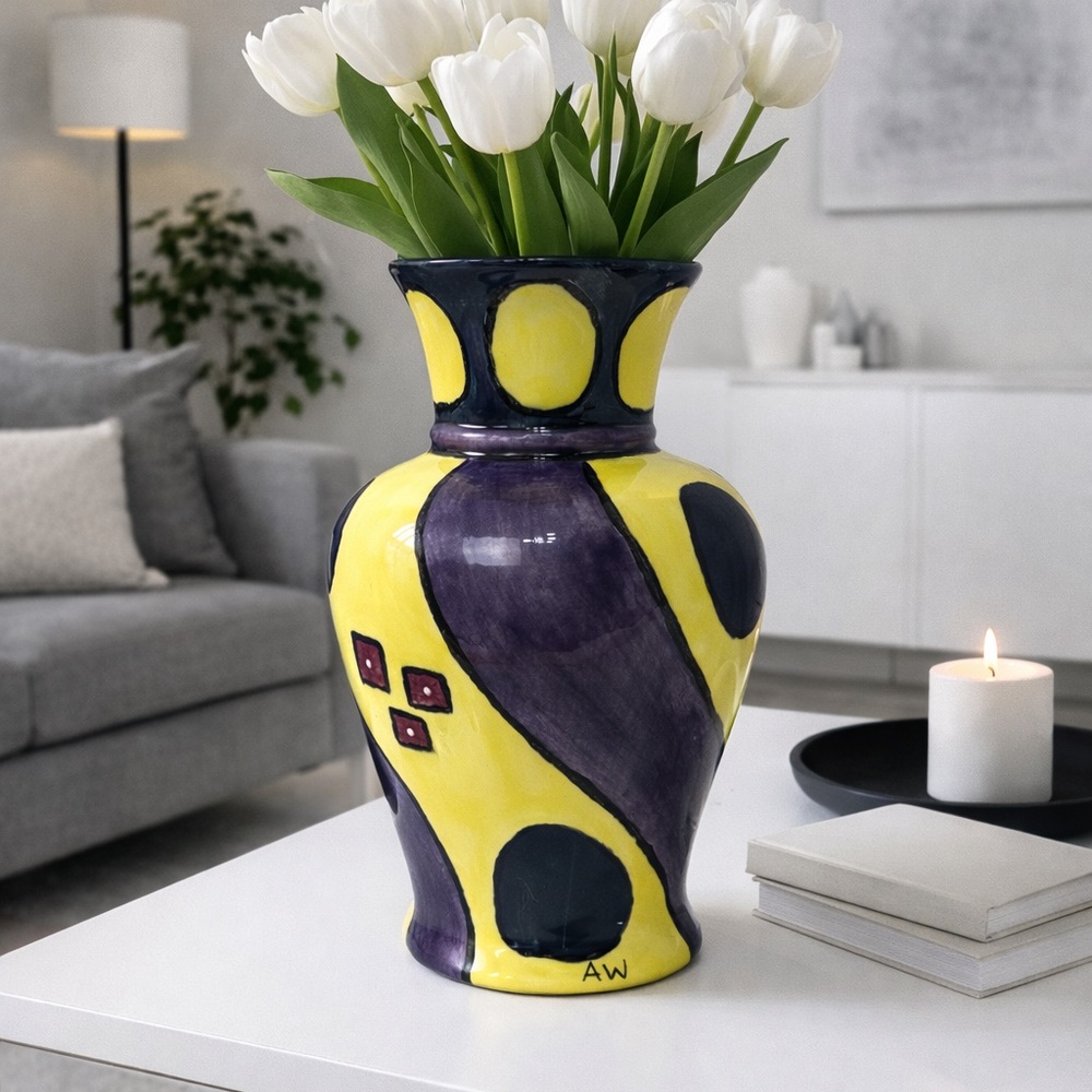 HANDMADE ART POTTERY CERAMIC VASE ABSTRACT COLORFUL SIGNED‎ "AW"'01
